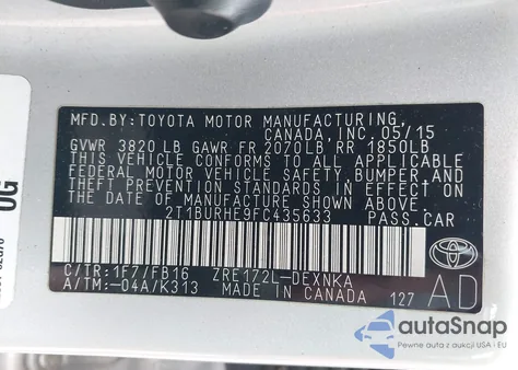 2015 Toyota Corolla Le from USA, damaged, VIN 2T1BURHE9FC435633